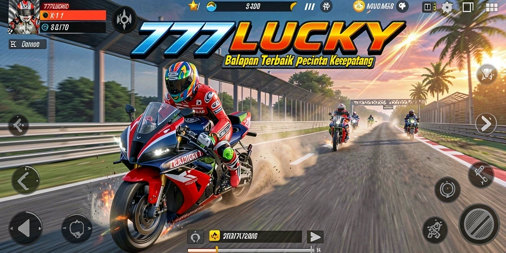 Screenshot gameplay <strong>777LUCKY</strong> yang menunjukkan aksi balapan motor yang seru.