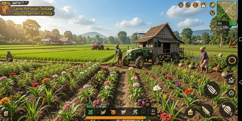 Tangkapan layar gameplay <strong>BATIK77</strong> yang menunjukkan aktivitas bertani yang seru.