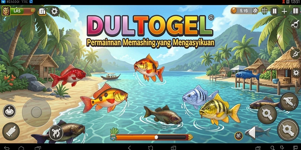 Screenshot DULTOGEL menunjukkan aksi memancing di laut yang indah.