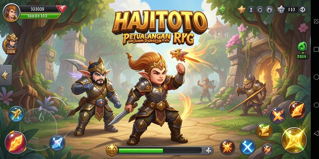 Tampilan gameplay HAJITOTO dengan pertempuran epik dan karakter unik.