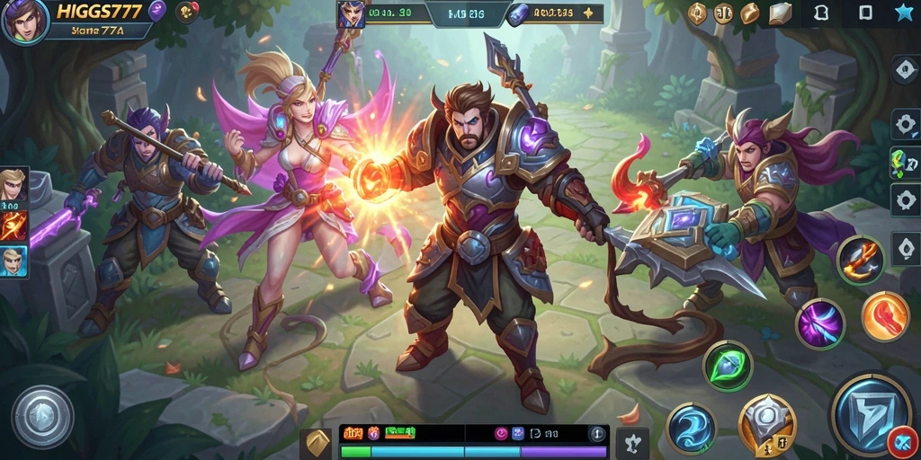 Tangkapan layar gameplay HIGGS777 menampilkan pertempuran seru antara tim.