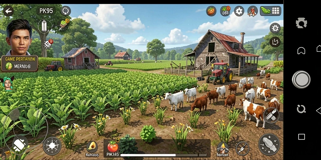 Tampilan gameplay PK95 yang memperlihatkan suasana pertanian yang hidup.