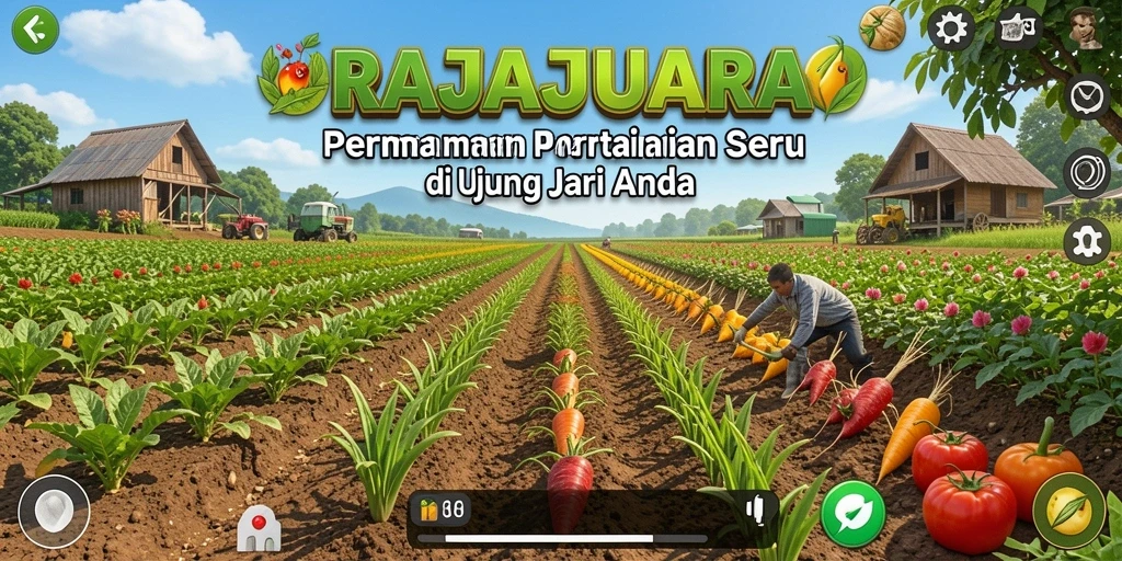 Tampilan gameplay RAJAJUARA yang menarik dengan ladang subur dan hewan ternak.