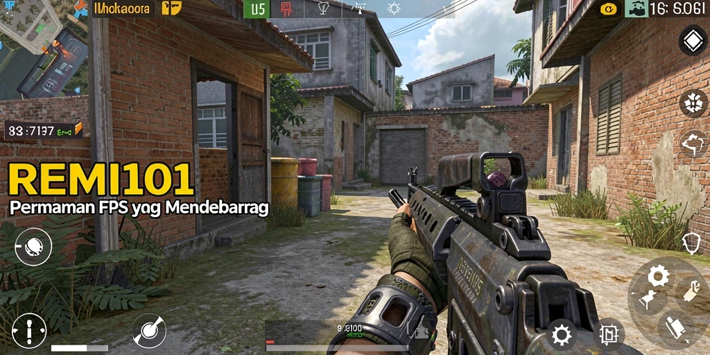 Screenshot REMI101 yang menunjukkan pertempuran mendebarkan dalam mode FPS.