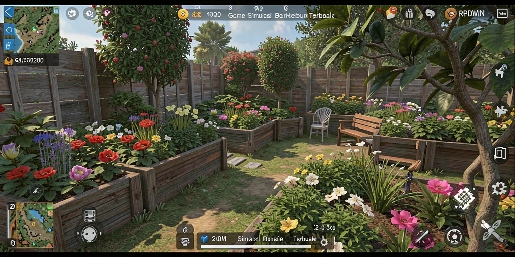 Screenshot gameplay RPIDWIN yang menunjukkan aktivitas berkebun yang menyenangkan.